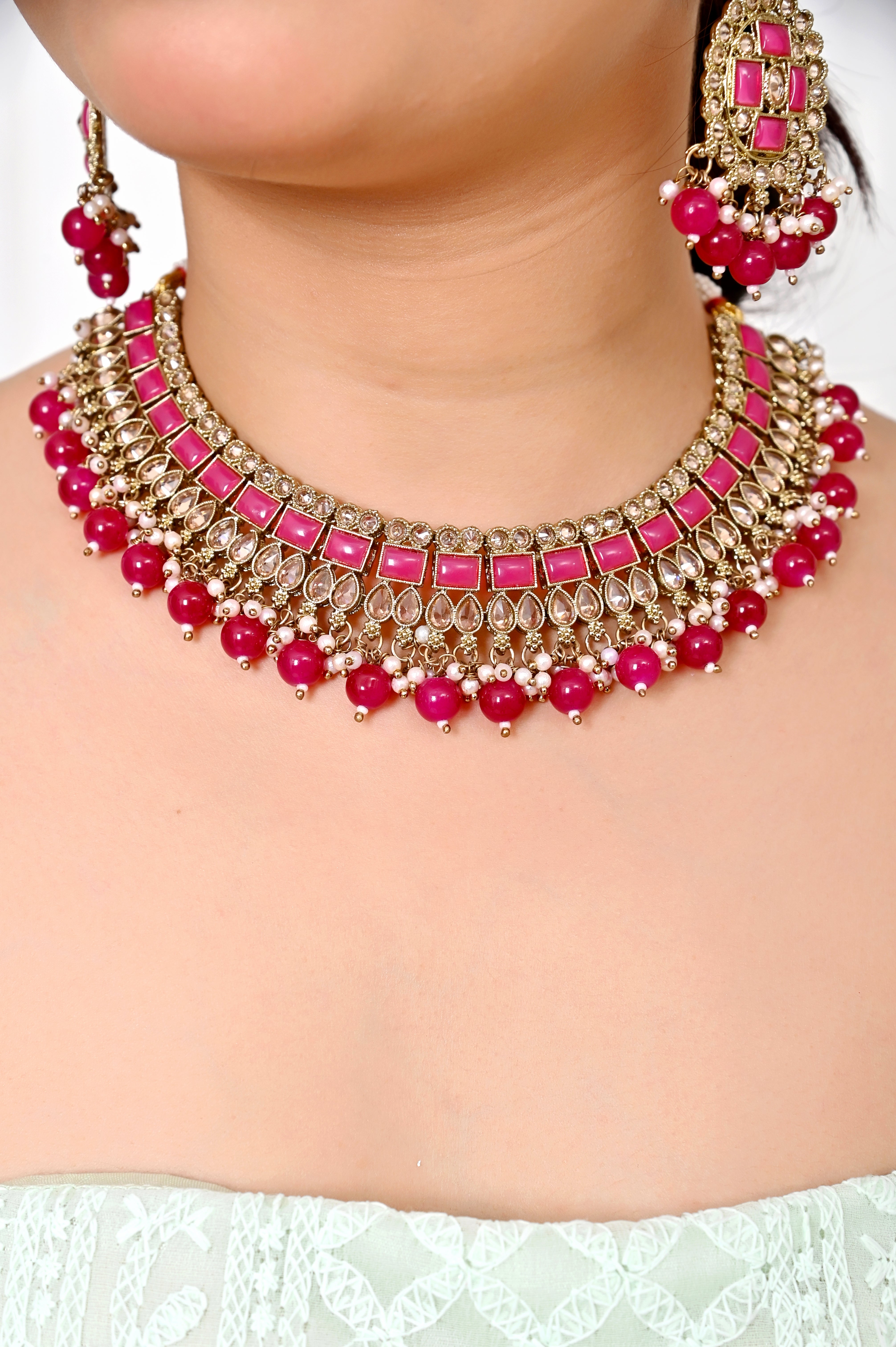 Turquoise Rani Kundan Necklace Set with Chandelier Earrings and Maang tikka Jewellery GetGlit