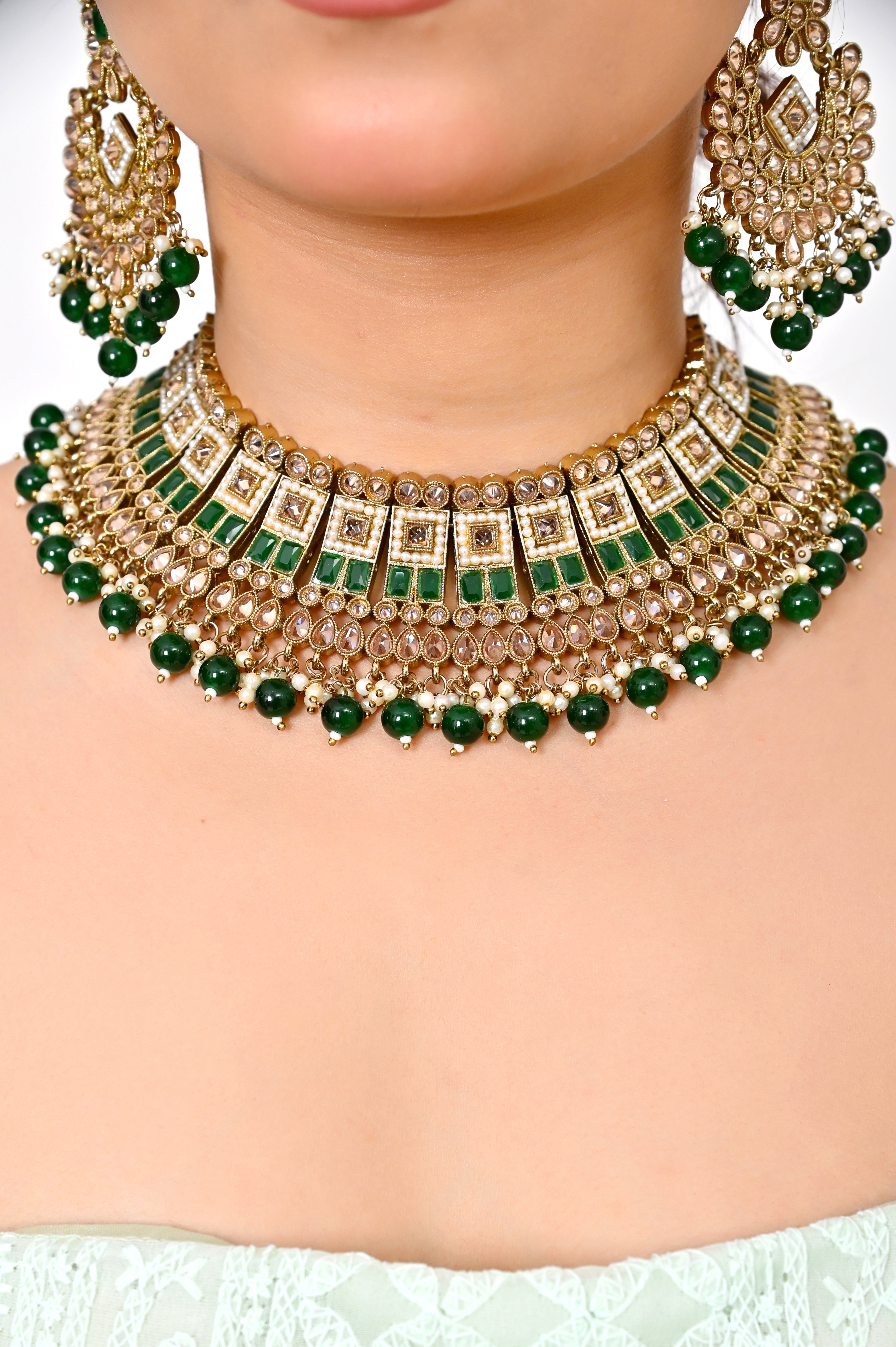 Green Indian Traditional Kundan Necklace set Jewellery GetGlit