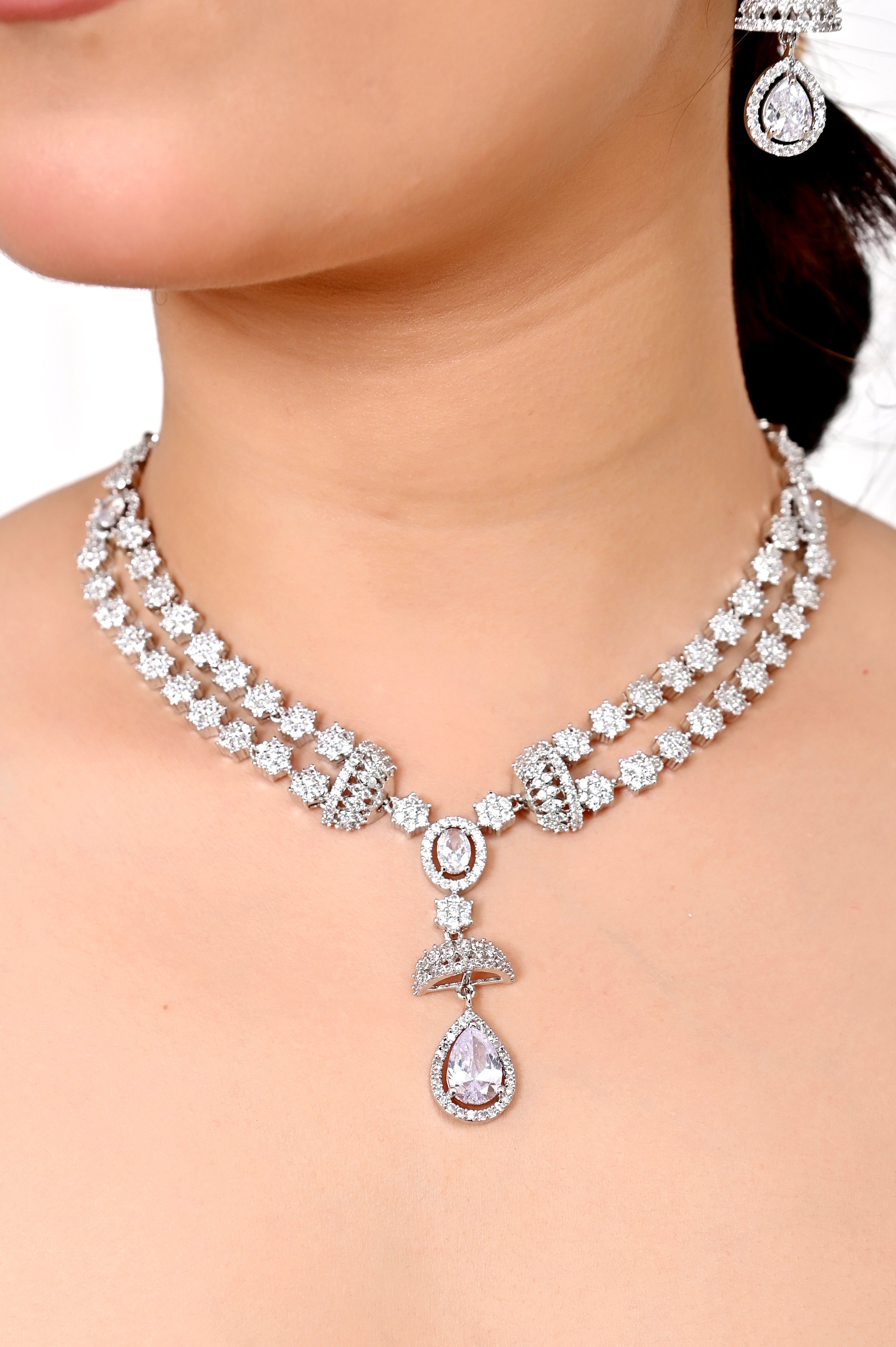 Elegant American Diamond White Crystal Necklace Set with Drop Pendant Jewellery GetGlit
