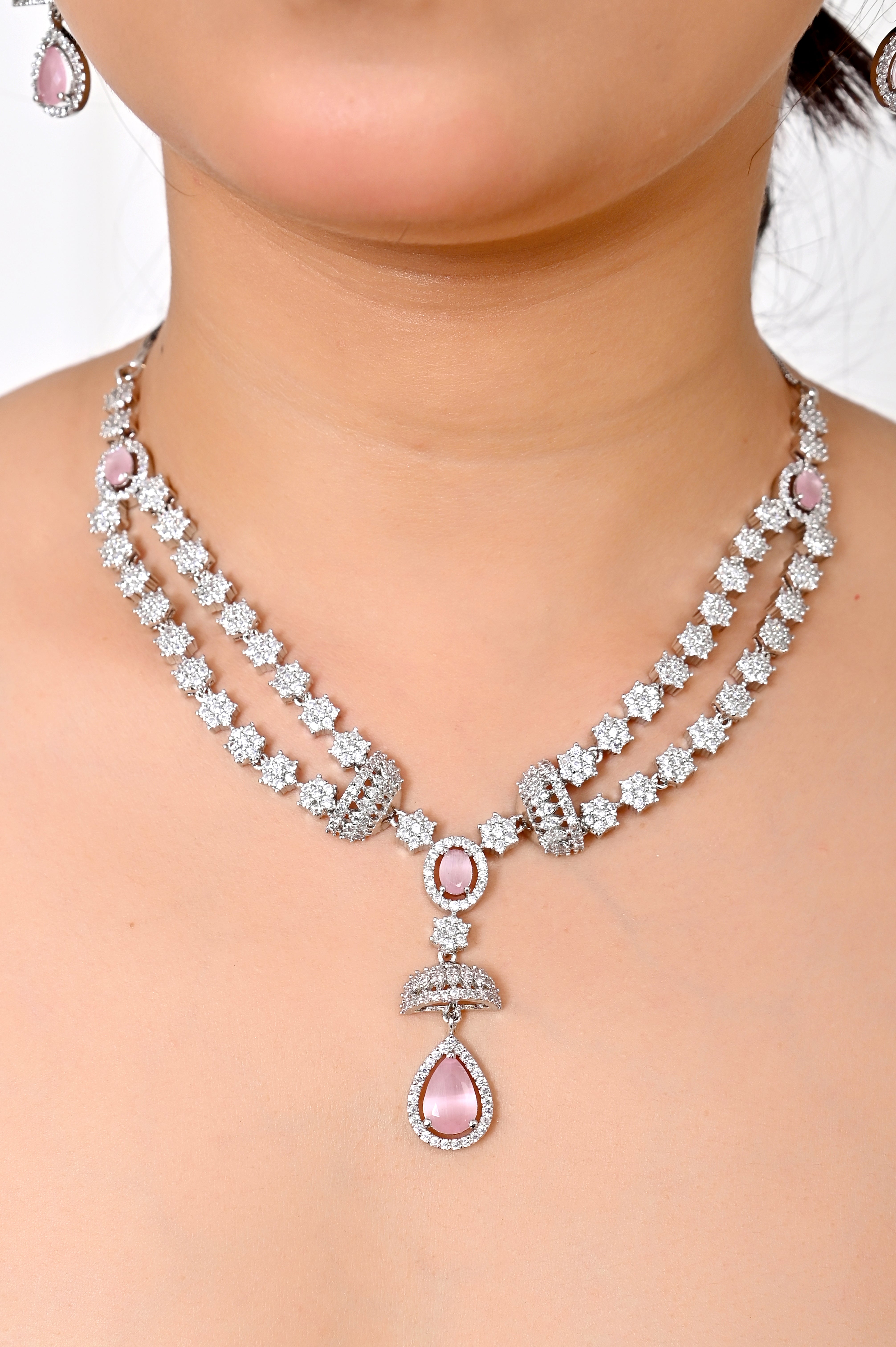 Elegant American Diamond Pink Crystal Necklace Set with Drop Pendant Jewellery GetGlit