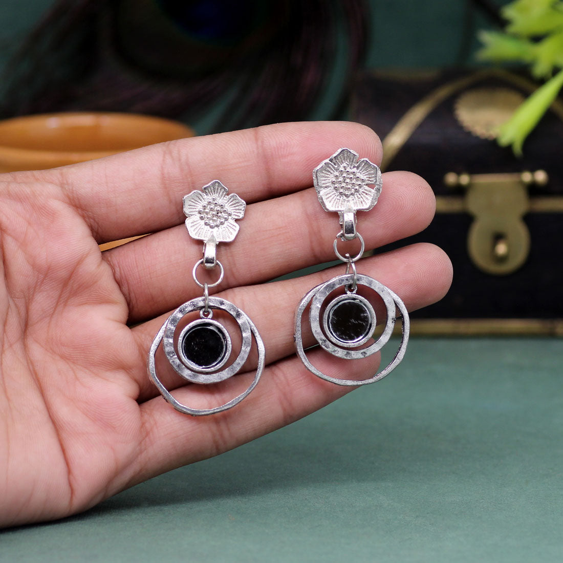 Silver Color Mirror Work Oxidised Earrings (GSE2431SLV) Jewellery GetGlit   