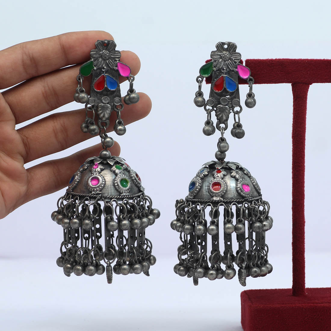 Multi Color Meena Work Oxidised Big Jhumka Earrings (GSE2455MLT) Jewellery GetGlit   