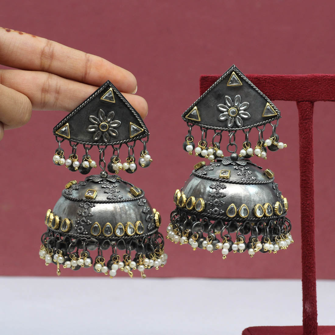 Black Silver Color Oxidised Big Jhumka Earrings (GSE2469SLV) Earrings GetGlit   