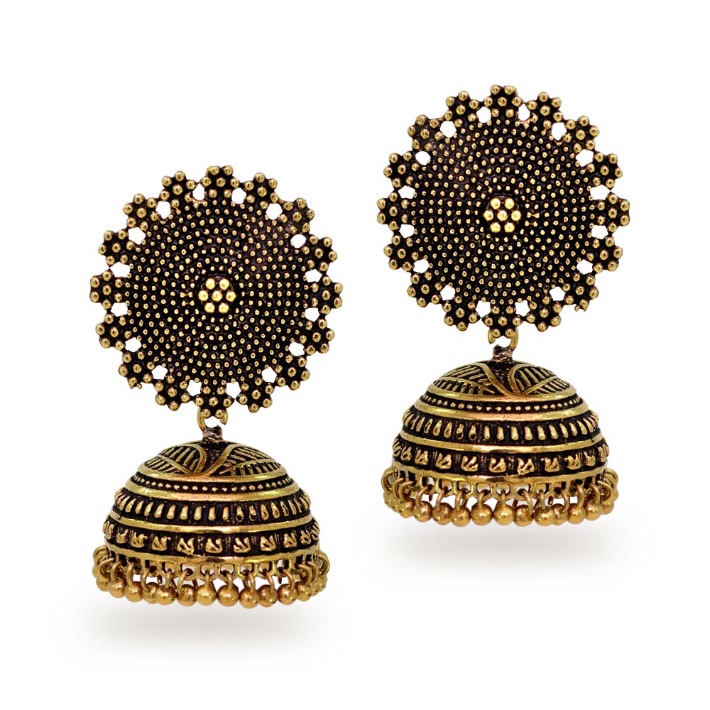 Oxidised Gold Plated Handmade Jhumka Brass Earrings (GSE247GLD) Earrings GetGlit   