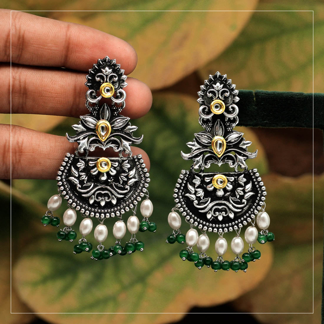 Green Color Stone Oxidised Dual Tone Earrings (GSE2571GRN) Earrings GetGlit   