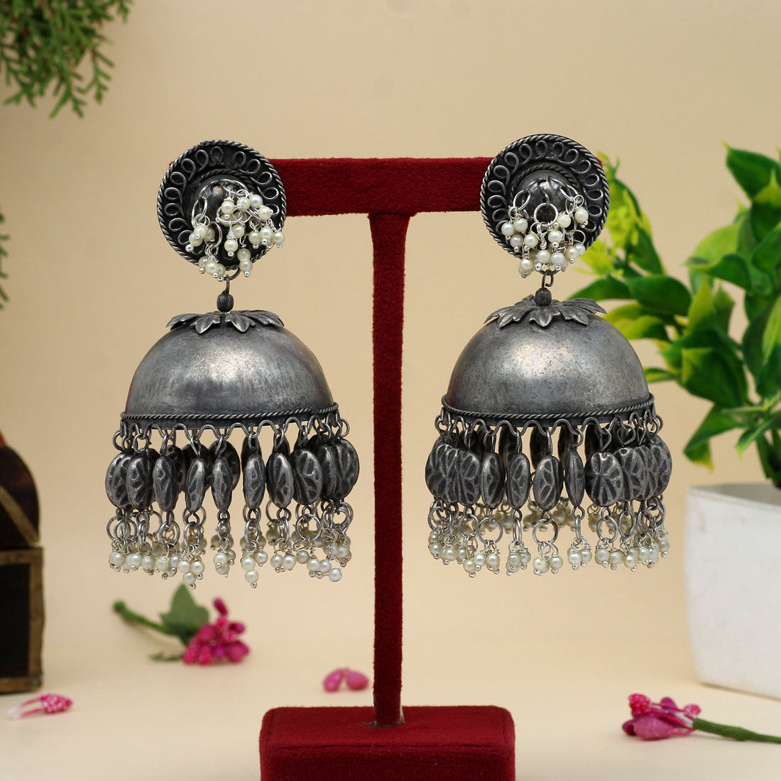 Silver Color Oxidised Big Jhumka Earrings (GSE2620SLV) Earrings GetGlit   