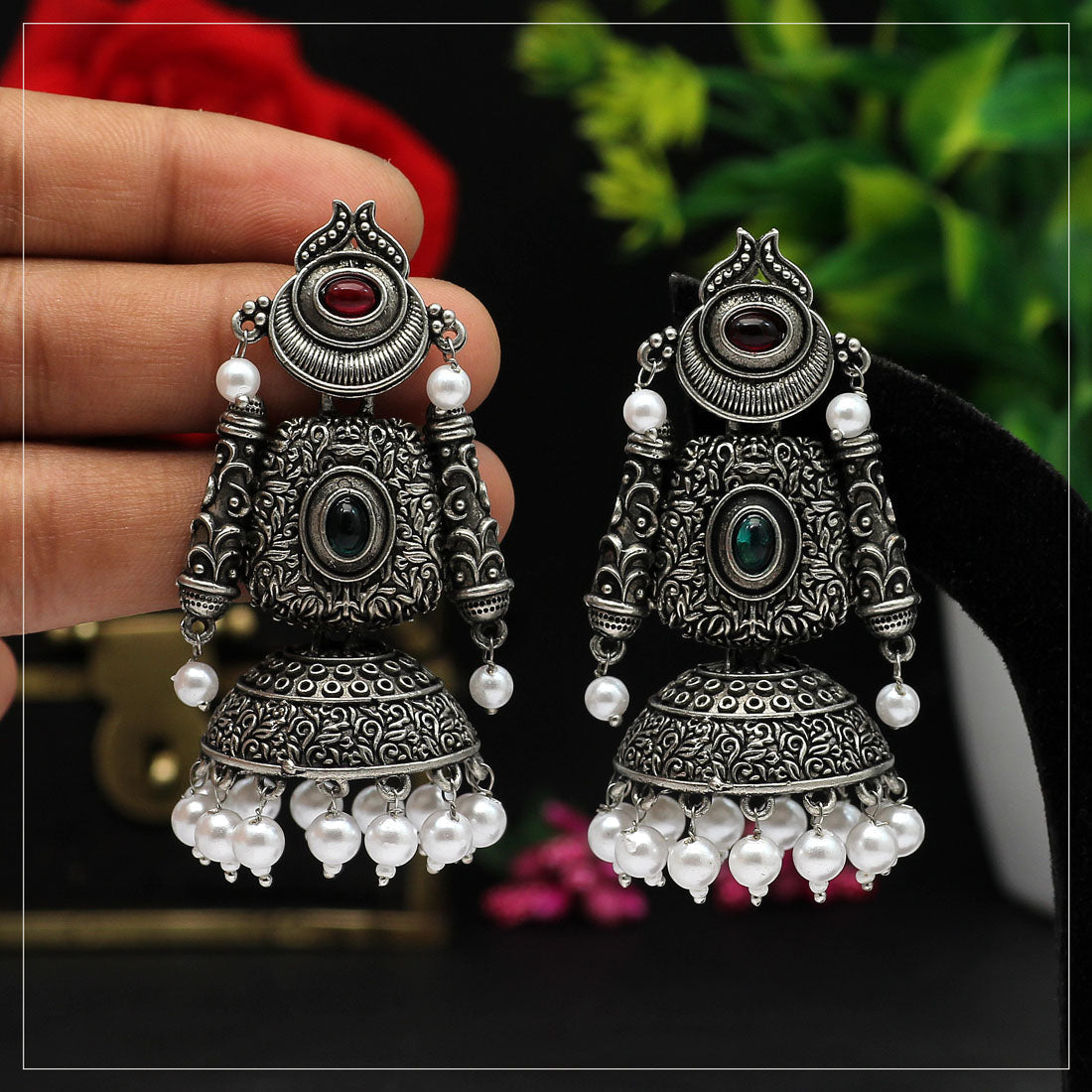 Maroon & Green Color Oxidised Earrings (GSE2691MG) Earrings GetGlit   