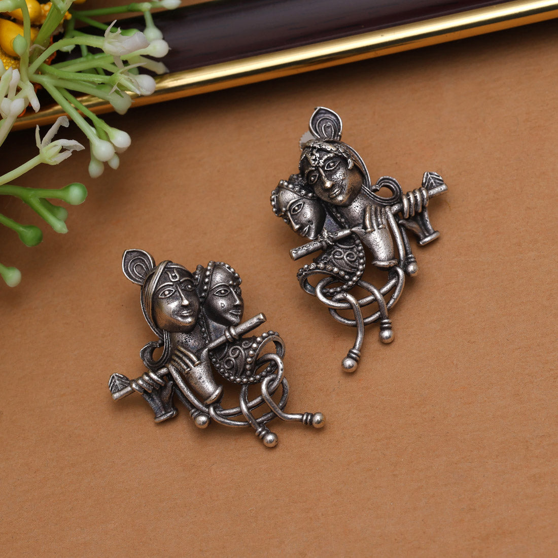 Silver Color Lord Radha Krishna Oxidised Earrings (GSE2826SLV) Jewellery GetGlit   