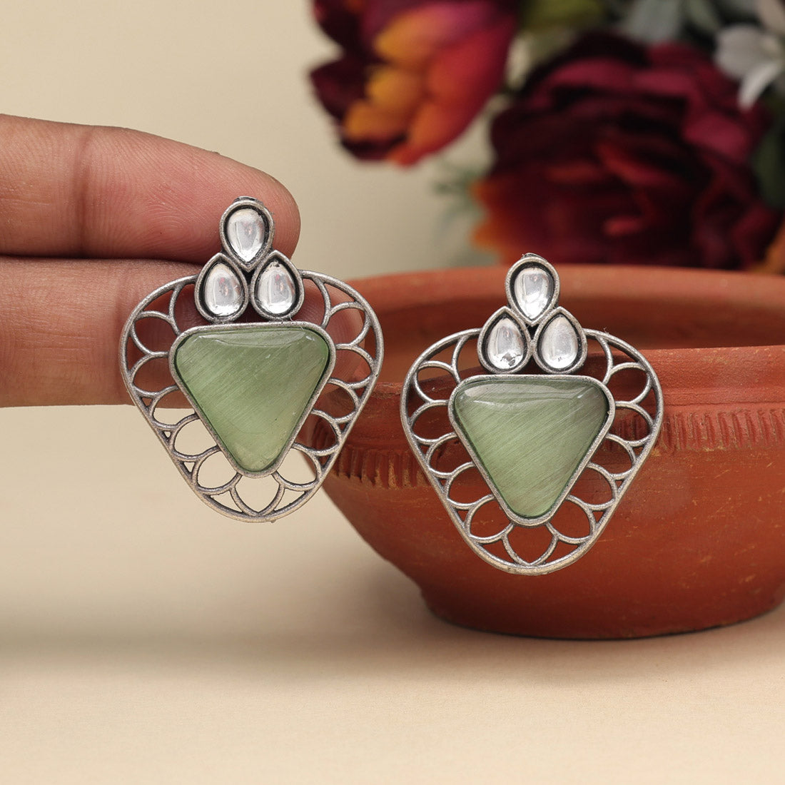 Light Green Color Monalisa Stone Oxidised Earrings (GSE2829LGRN) Jewellery GetGlit   