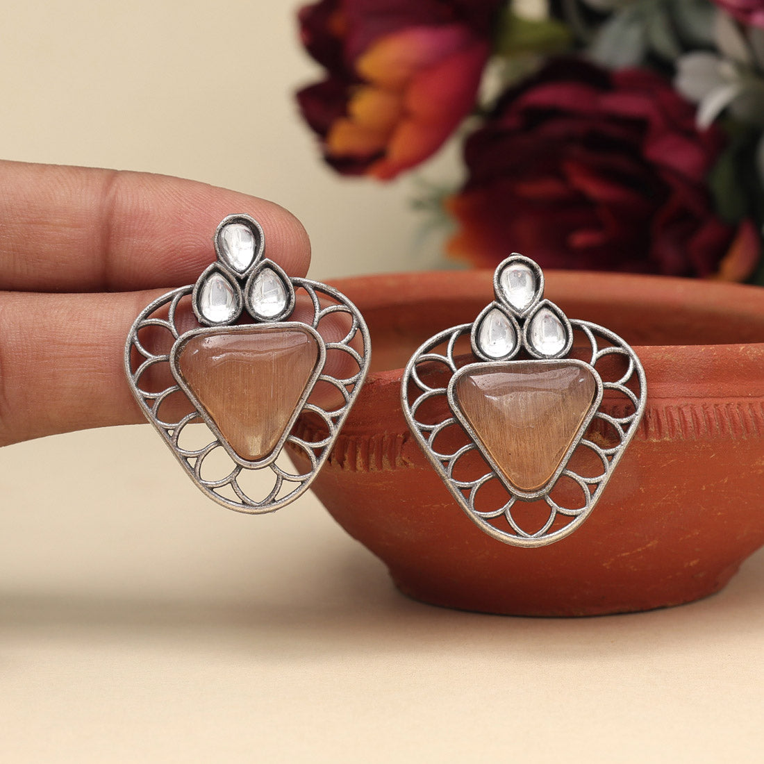 Peach Color Monalisa Stone Oxidised Earrings (GSE2829PCH) Jewellery GetGlit   