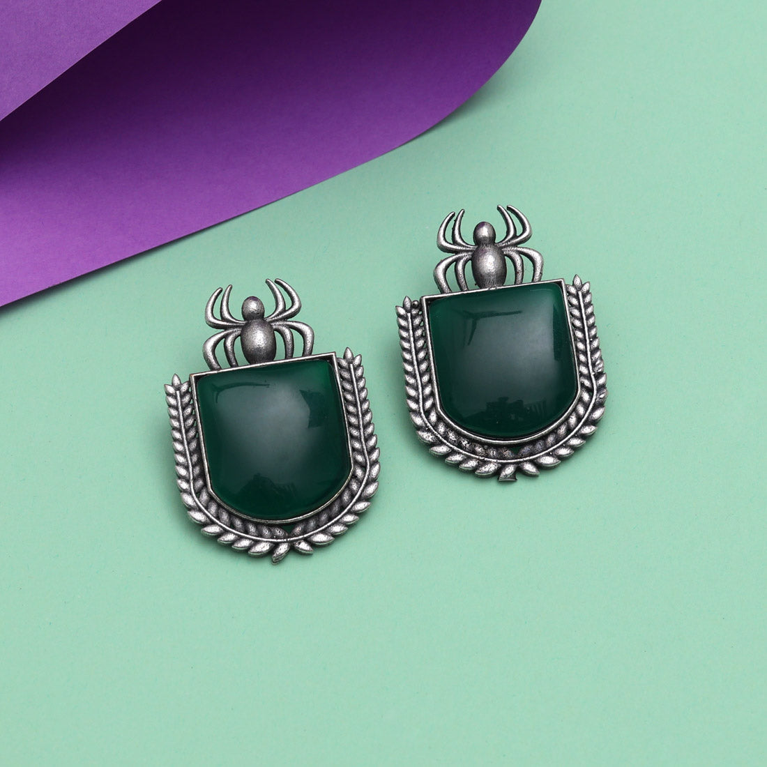 Green Color Monalisa Stone Oxidised Earrings (GSE2830GRN)