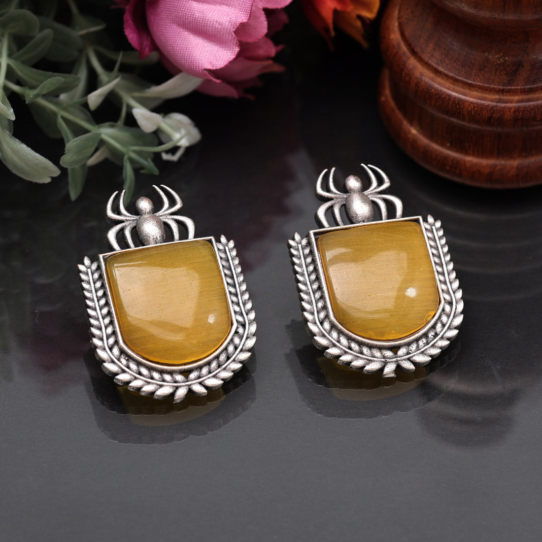 Mustard Yellow Color Monalisa Stone Oxidised Earrings (GSE2830MYLW) Jewelry GlitStudio   