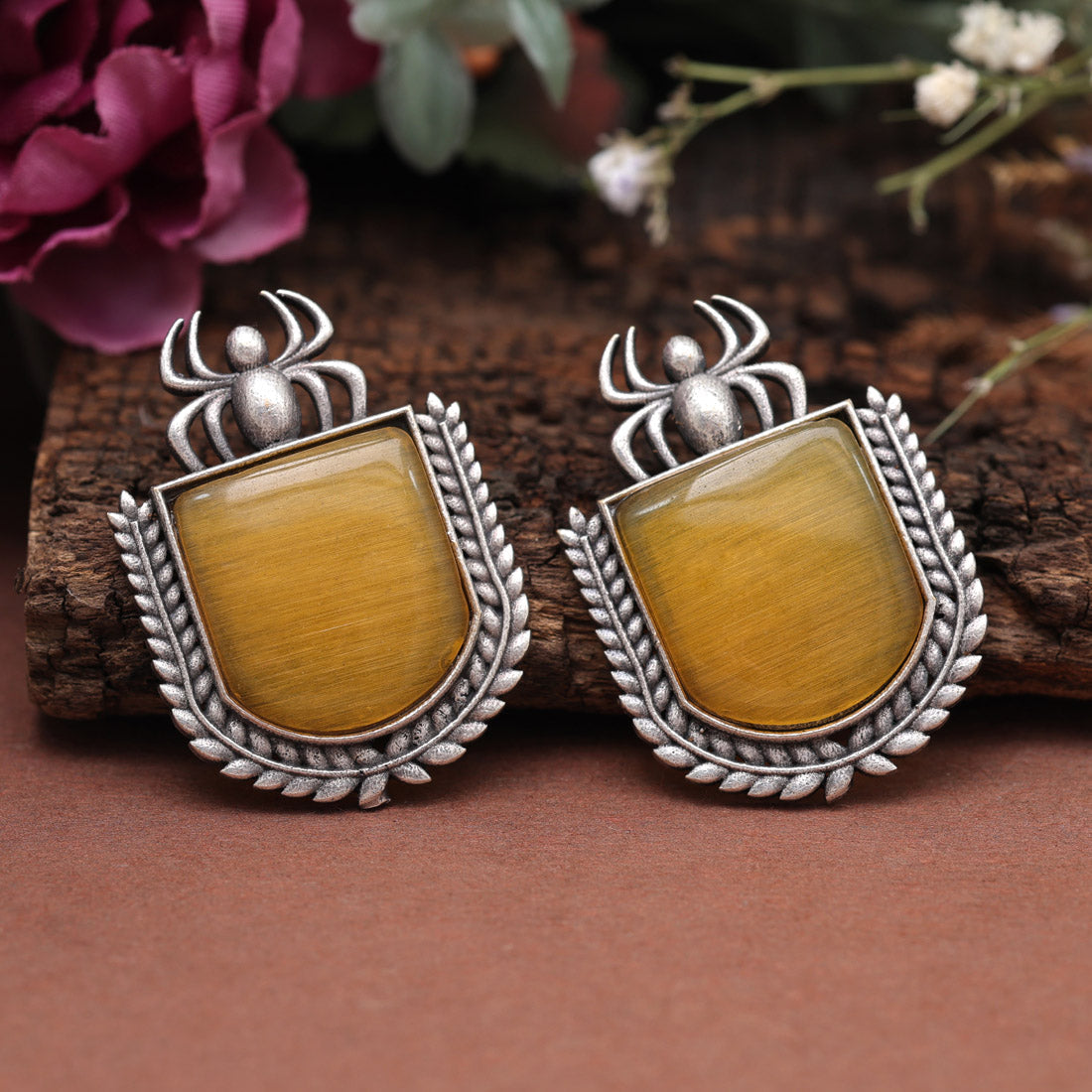 Mustard Yellow Color Monalisa Stone Oxidised Earrings (GSE2830MYLW)