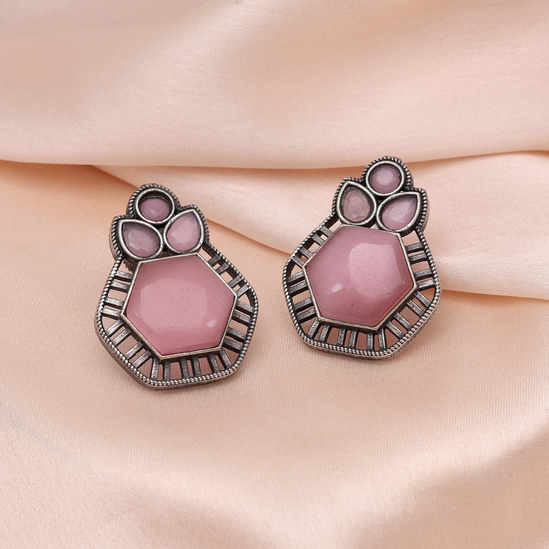 Pink Color Monalisa Stone Oxidised Earrings (GSE2834PNK) Jewellery GetGlit   