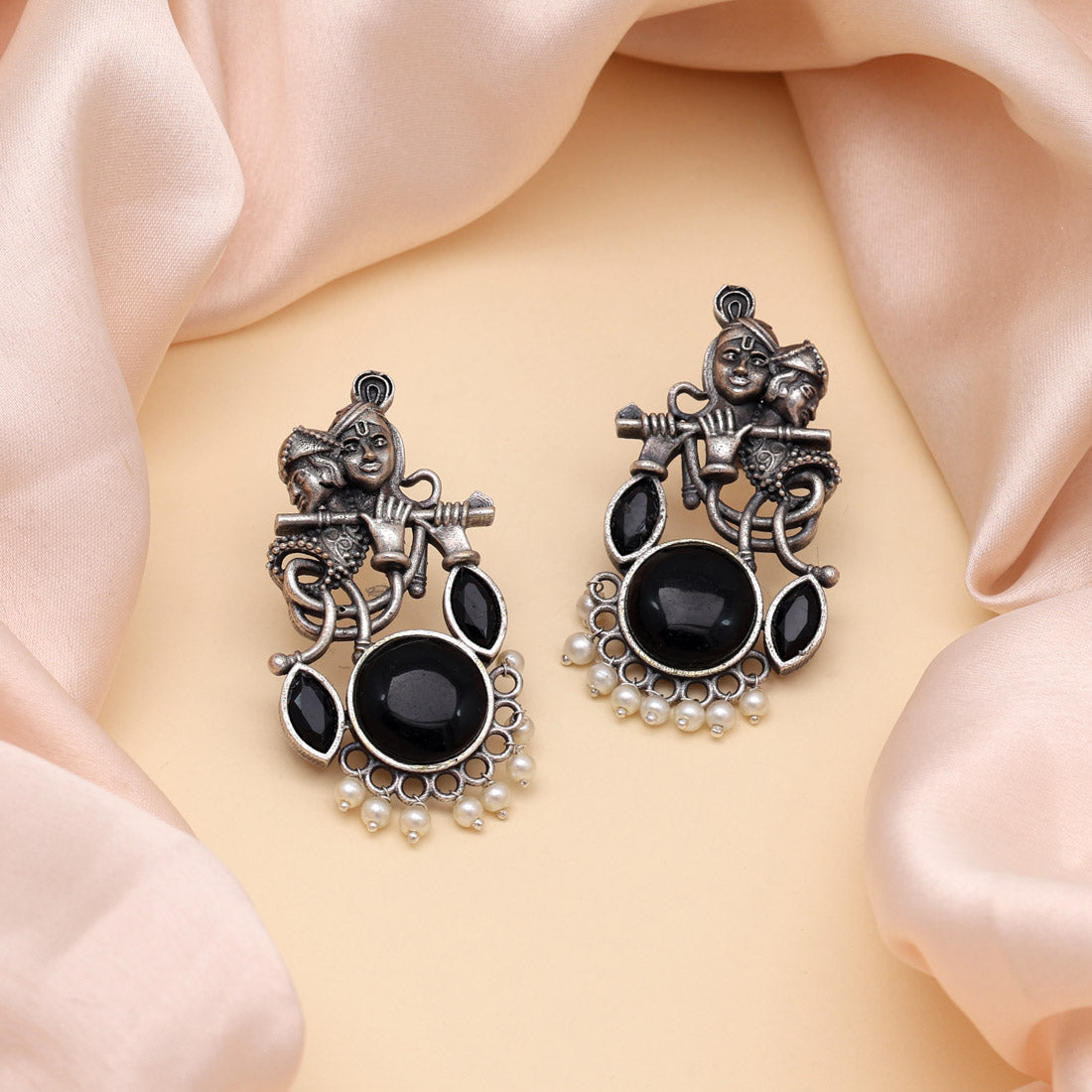 Black Color Lord Radha Krishna Monalisa Stone Oxidised Earrings (GSE2837BLK) Jewellery GetGlit