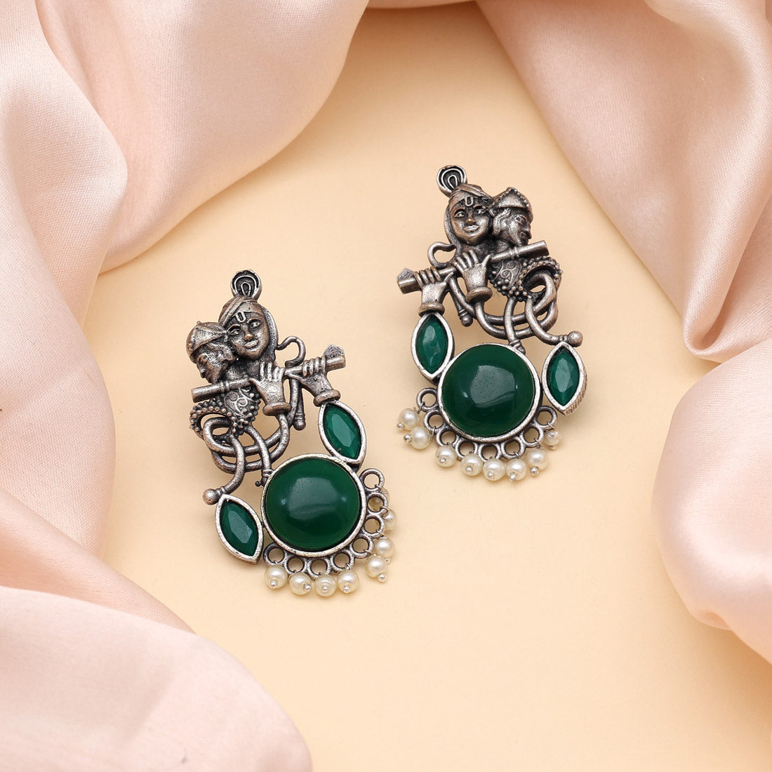 Green Color Lord Radha Krishna Monalisa Stone Oxidised Earrings (GSE2837GRN)