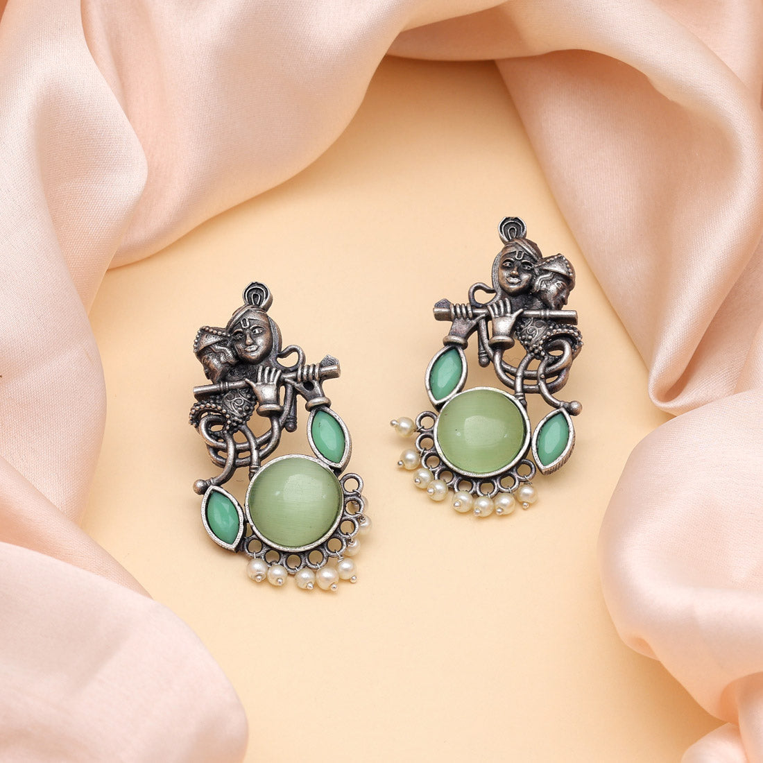 Light Green Color Lord Radha Krishna Monalisa Stone Oxidised Earrings (GSE2837LGRN) Jewellery GetGlit