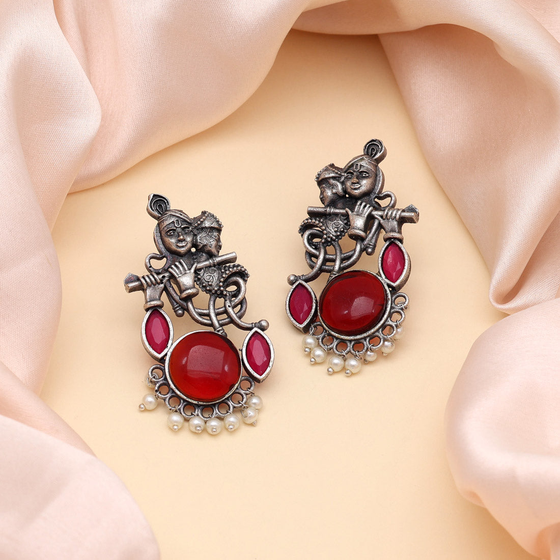 Maroon Color Lord Radha Krishna Monalisa Stone Oxidised Earrings (GSE2837MRN) Jewellery GetGlit