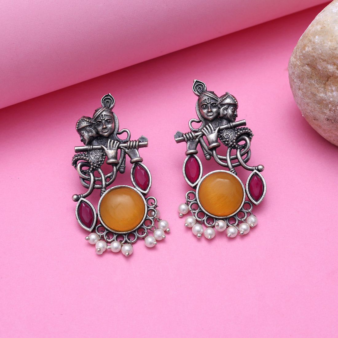 Peach Color Lord Radha Krishna Monalisa Stone Oxidised Earrings (GSE2837PCH) Jewellery GetGlit   