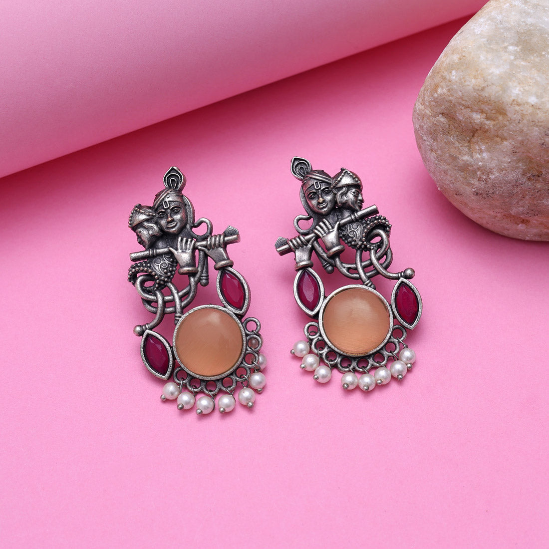 Peach Color Lord Radha Krishna Monalisa Stone Oxidised Earrings (GSE2837PCH) Jewellery GetGlit