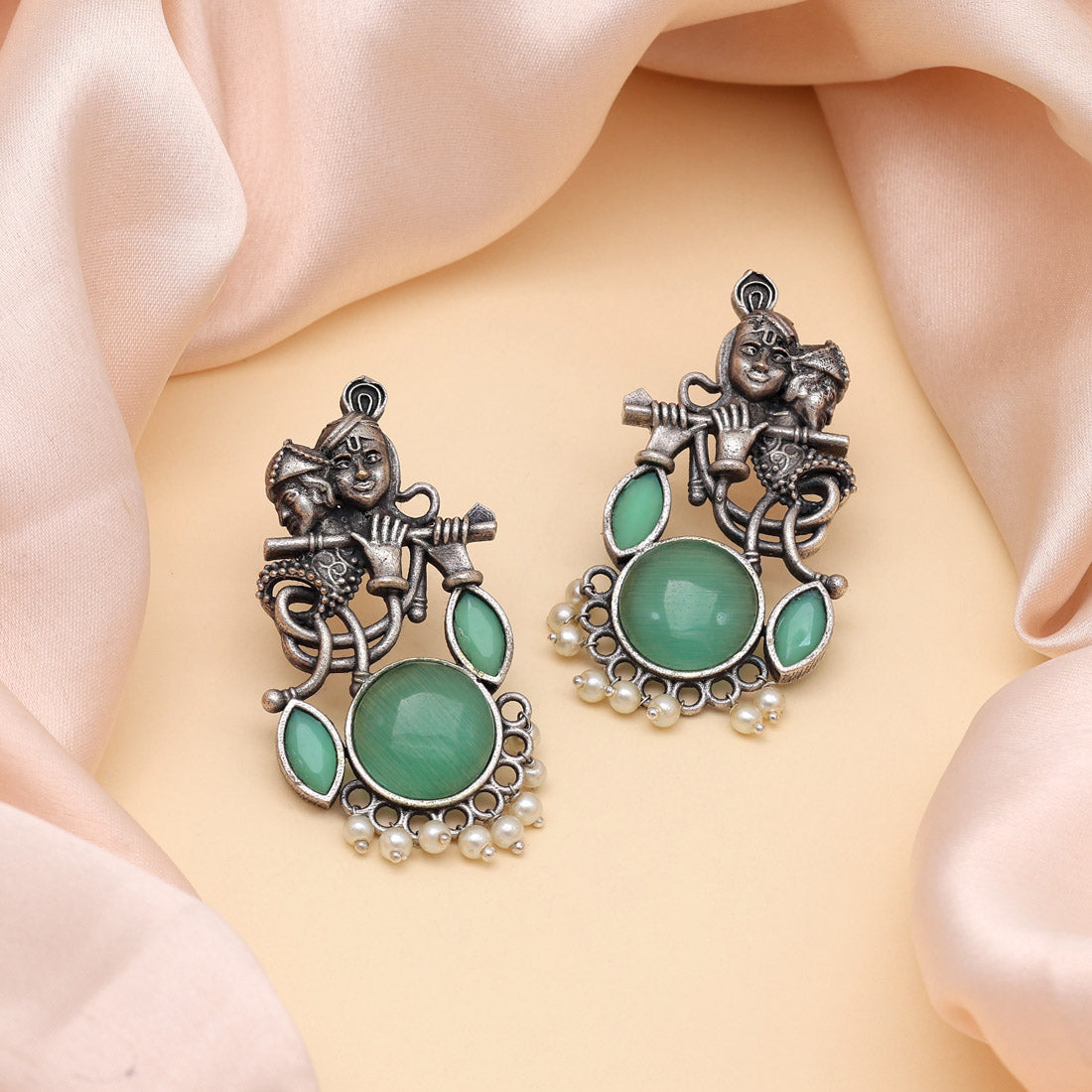 Pink Color Lord Radha Krishna Monalisa Stone Oxidised Earrings (GSE2837PNK) Jewellery GetGlit   