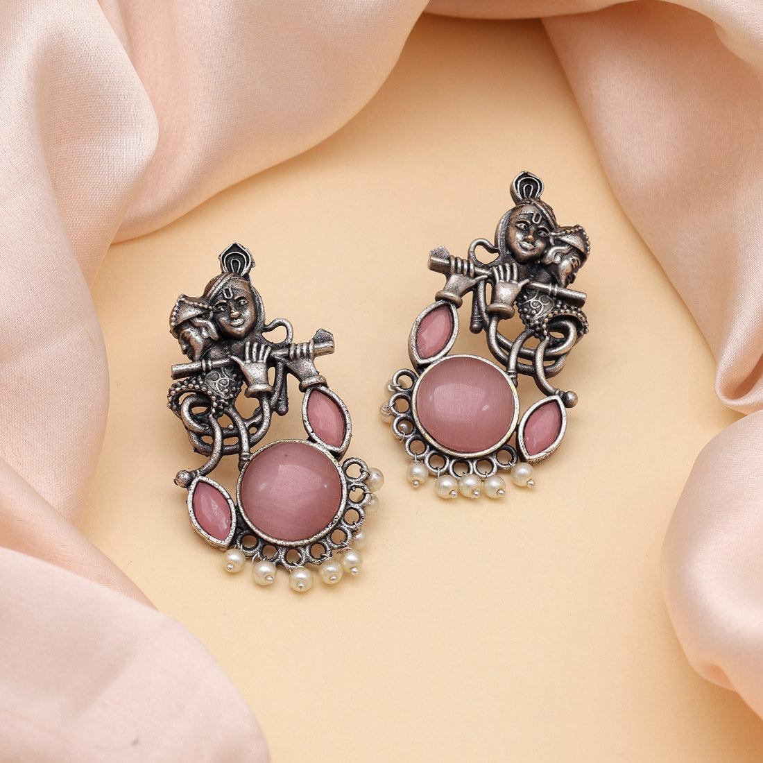 Pink Color Lord Radha Krishna Monalisa Stone Oxidised Earrings (GSE2837PNK)