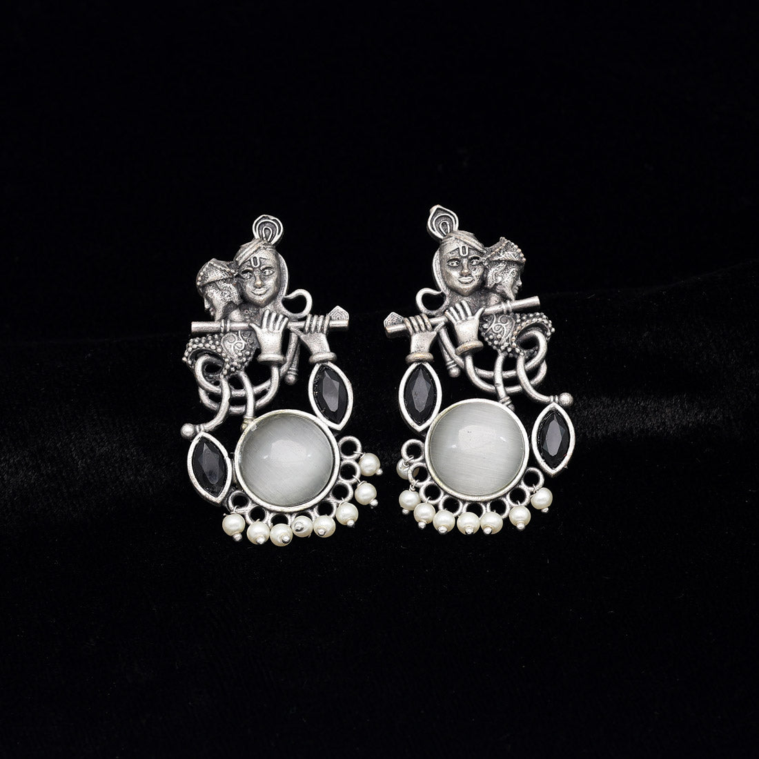 White Color Lord Radha Krishna Monalisa Stone Oxidised Earrings (GSE2837WHT) Jewellery GetGlit