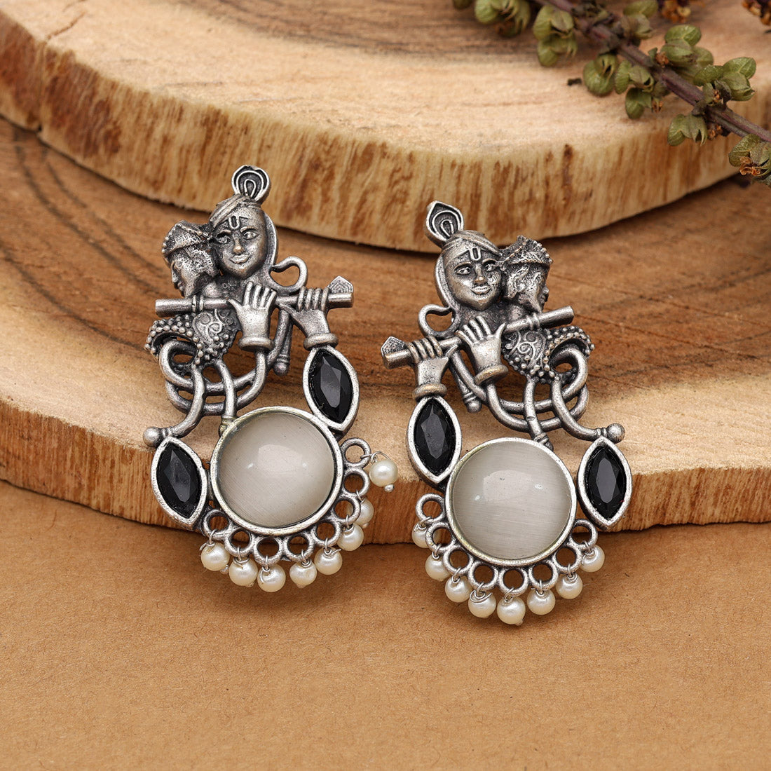 White Color Lord Radha Krishna Monalisa Stone Oxidised Earrings (GSE2837WHT) Jewellery GetGlit   