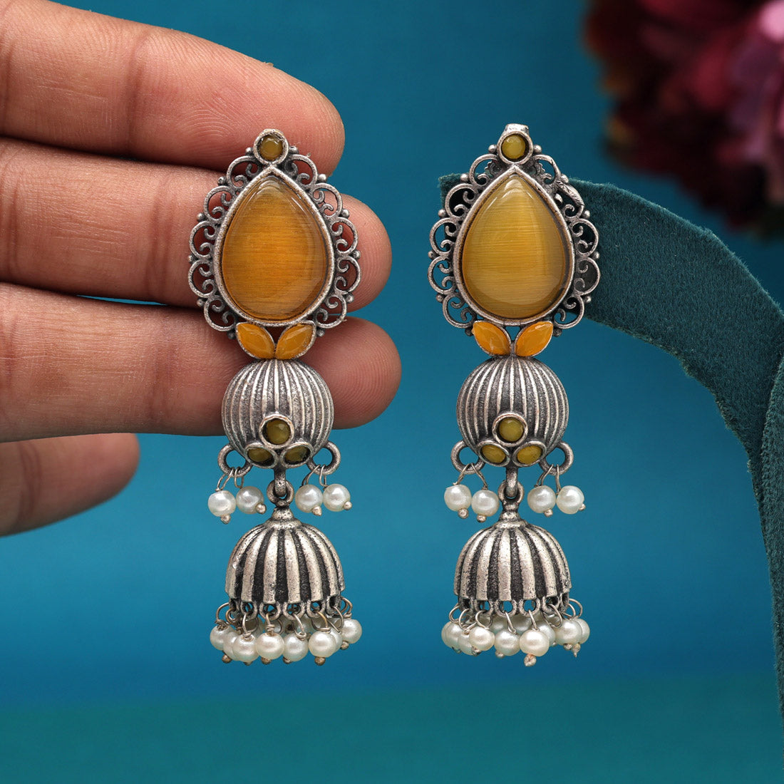 Yellow Color Monalisa Stone Oxidised Earrings (GSE2958YLW) Jewellery GetGlit   