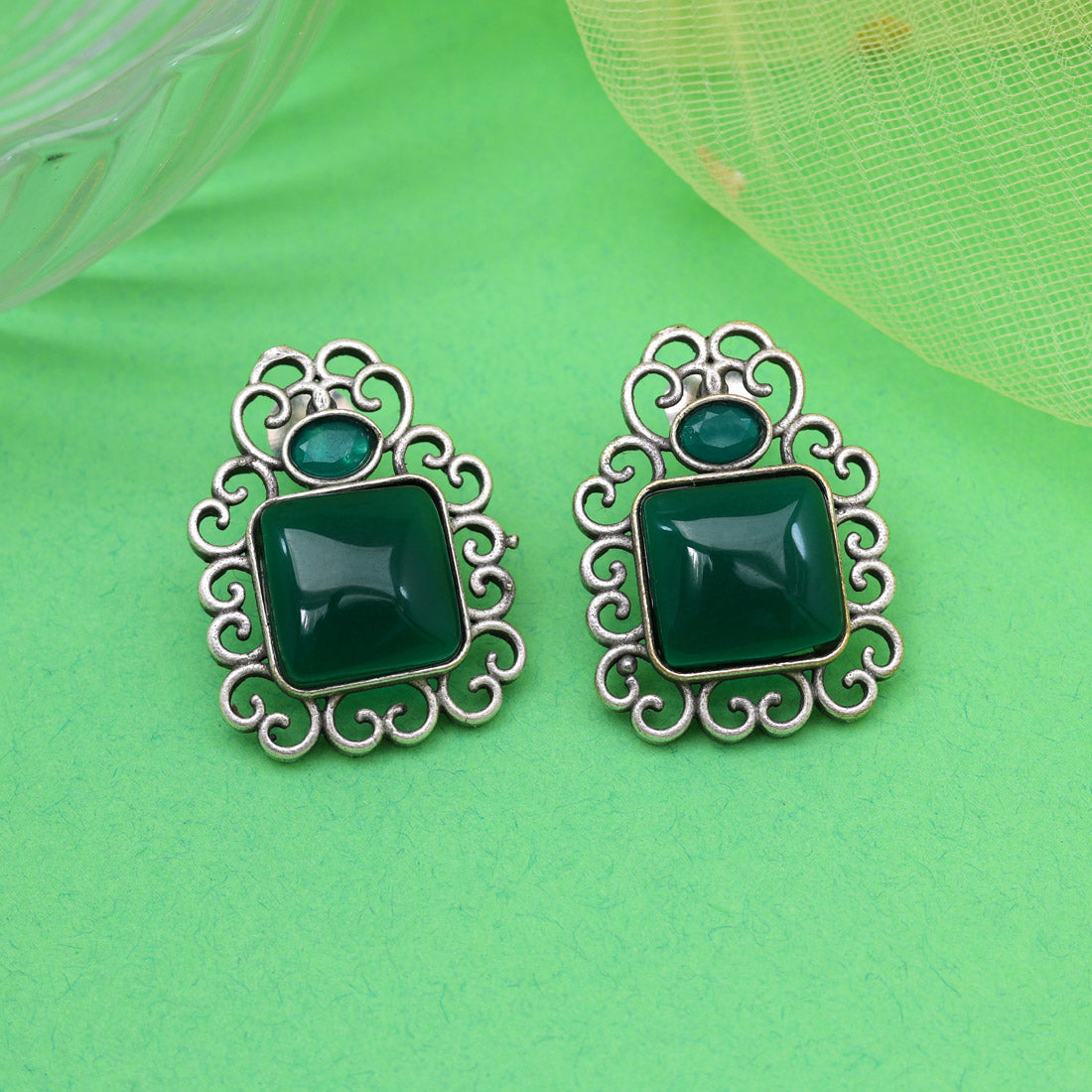 Green Color Oxidised Earrings (GSE2992GRN)