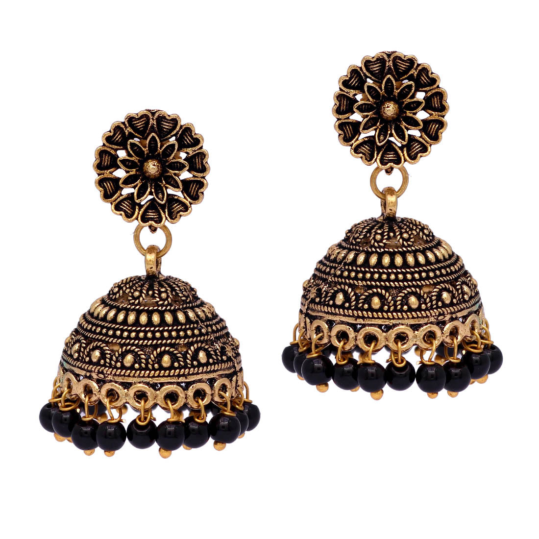 Rajasthani Traditional Wedding Collection Floral Design Gold Oxidised Black Color Jhumki Earrings (GSE600) Jewellery GetGlit   
