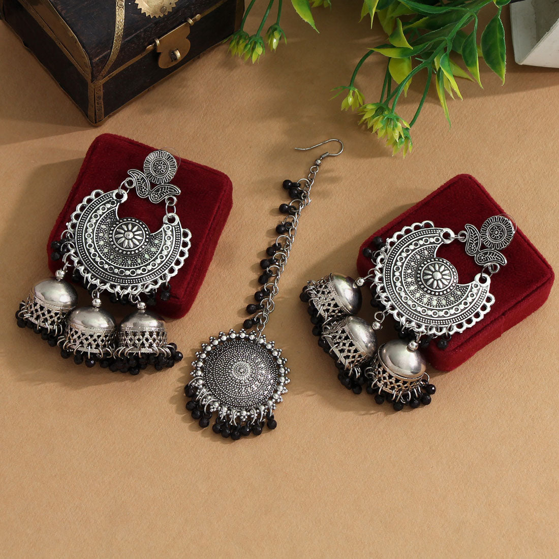 Black Color Oxidised Earrings Tikka Set (GSMTE101BLK) Jewellery GetGlit   