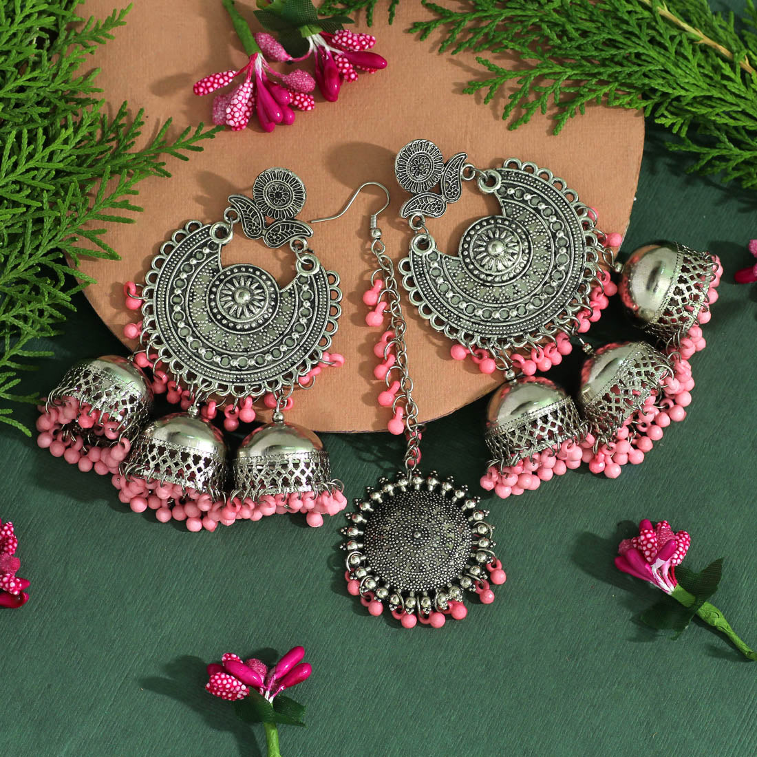 Baby Pink Color Oxidised Earrings Tikka Set (GSMTE101BPNK) Jewellery GetGlit   