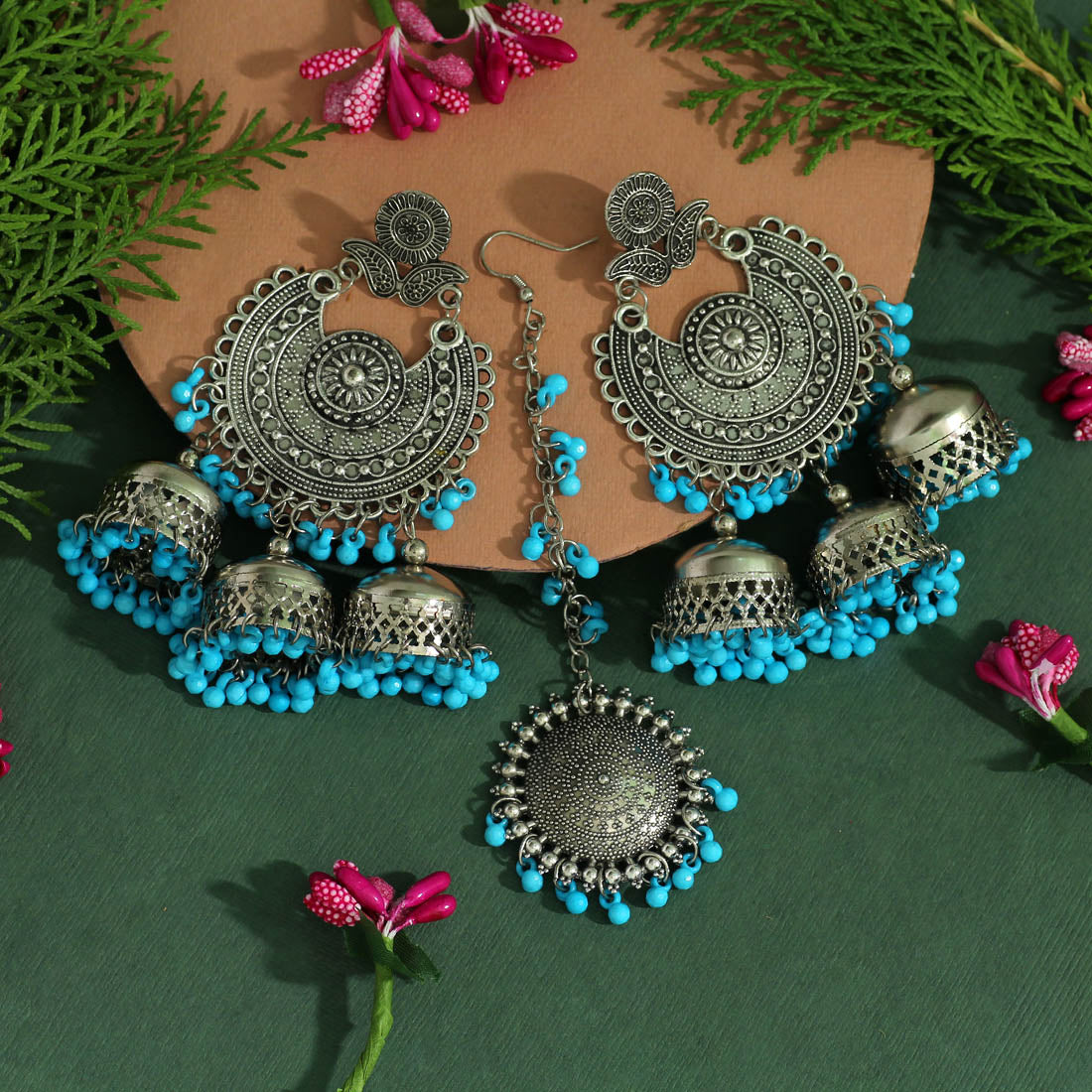 Firozi Color Oxidised Earrings Tikka Set (GSMTE101FRZ) Earrings GetGlit   