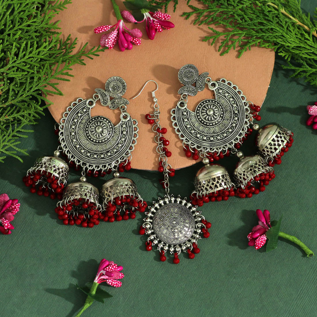 Maroon Color Oxidised Earrings Tikka Set (GSMTE101MRN) Earrings GetGlit   