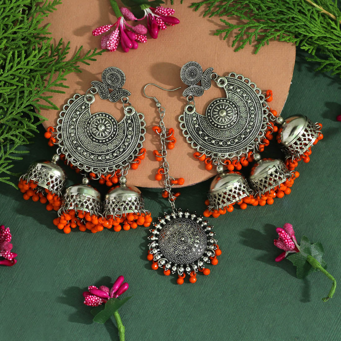 Orange Color Oxidised Earrings Tikka Set (GSMTE101ORG) Earrings GetGlit   