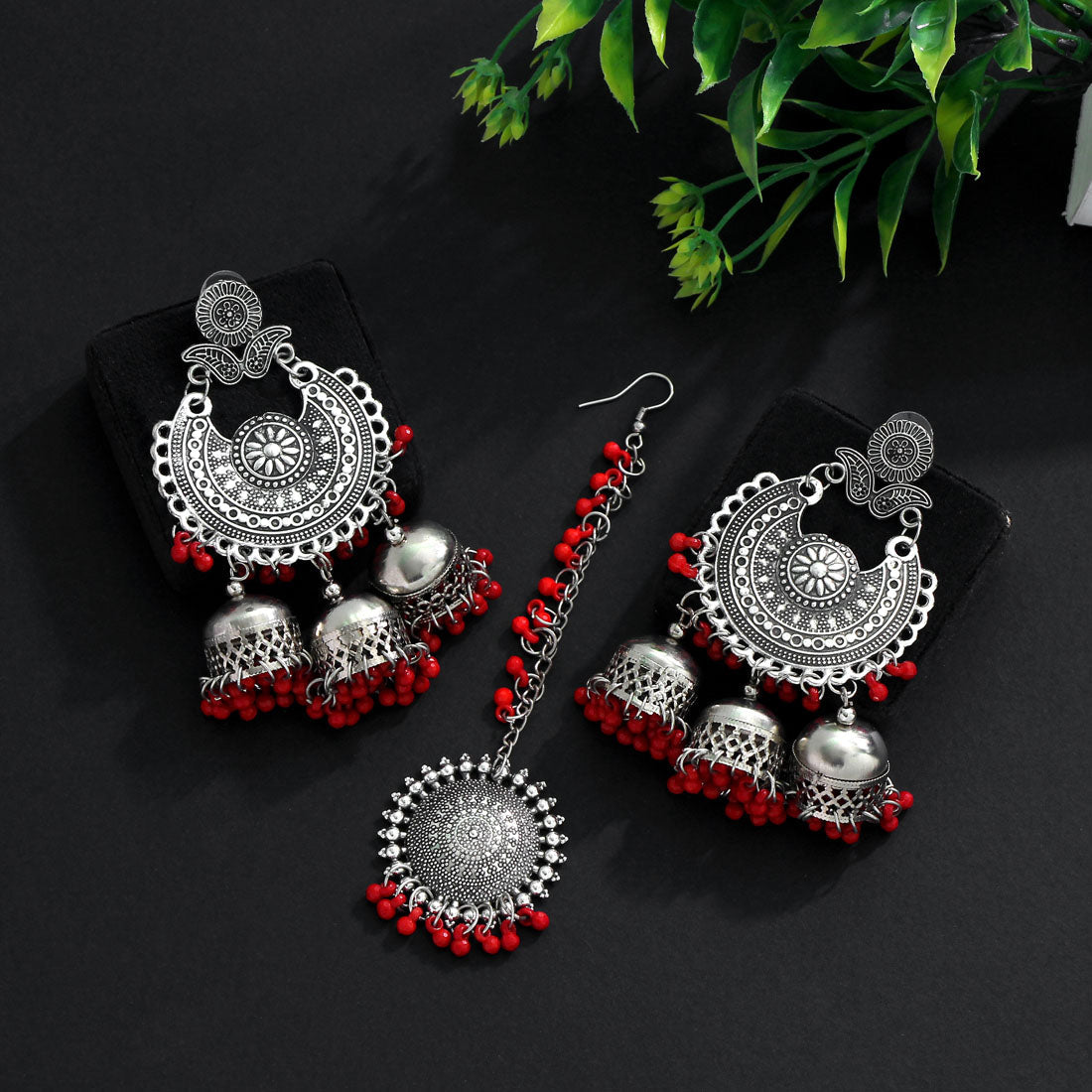 Red Color Oxidised Earrings Tikka Set (GSMTE101RED) Earrings GetGlit   