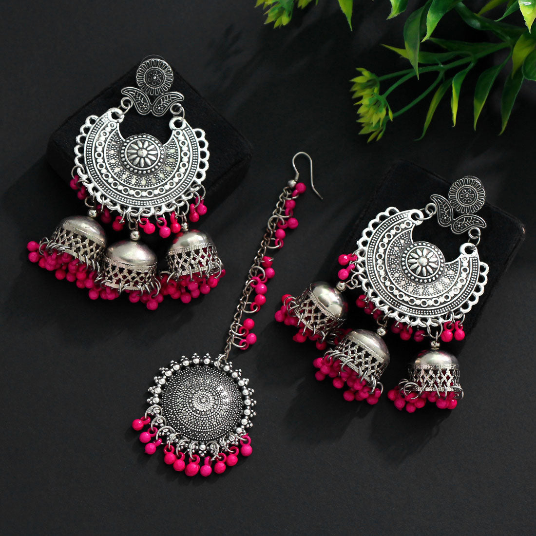 Rani Color Oxidised Earrings Tikka Set (GSMTE101RNI) Earrings GetGlit   