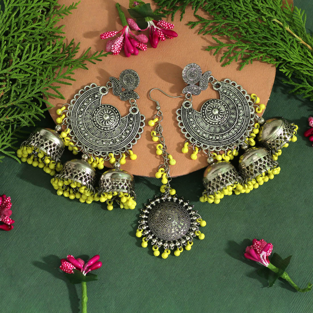 Yellow Color Oxidised Earrings Tikka Set (GSMTE101YLW) Earrings GetGlit   