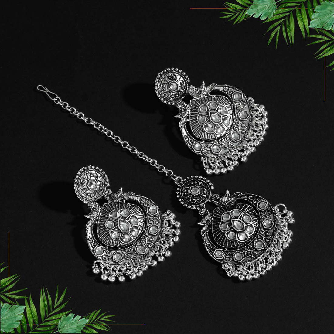 Silver Color Oxidised Earrings Tikka Set (GSMTE122SLV) Earrings GetGlit   