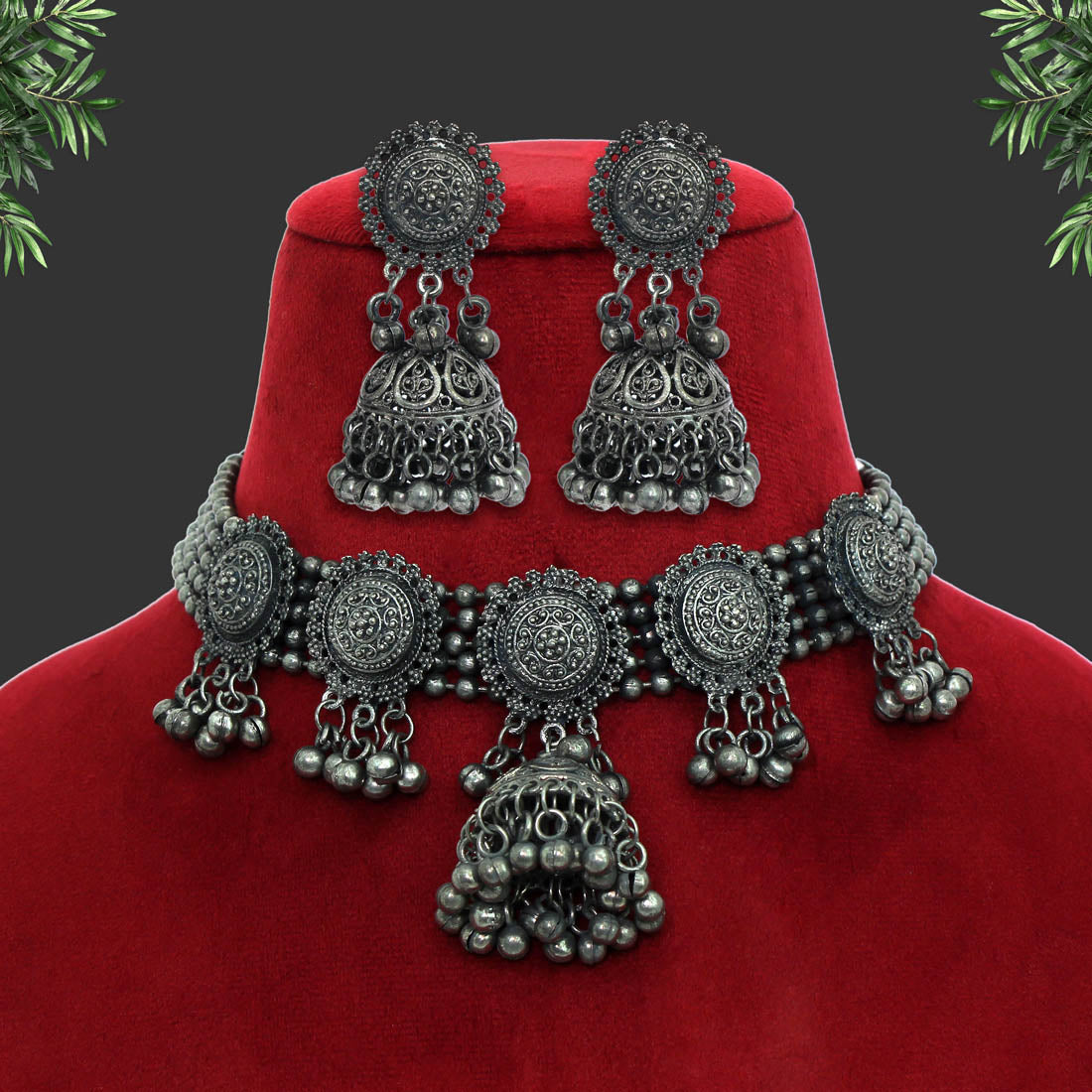 Black Silver Color Choker Oxidised Necklace Set (GSN1611BLK) Jewellery GetGlit   