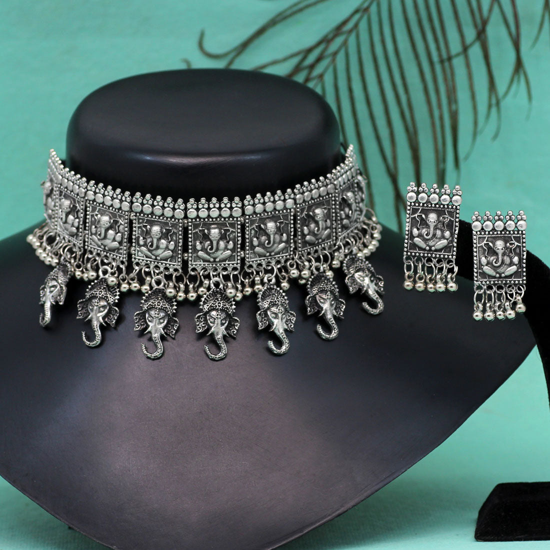 Silver Color Choker Oxidised Necklace Set (GSN1669SLV) Necklaces GetGlit   