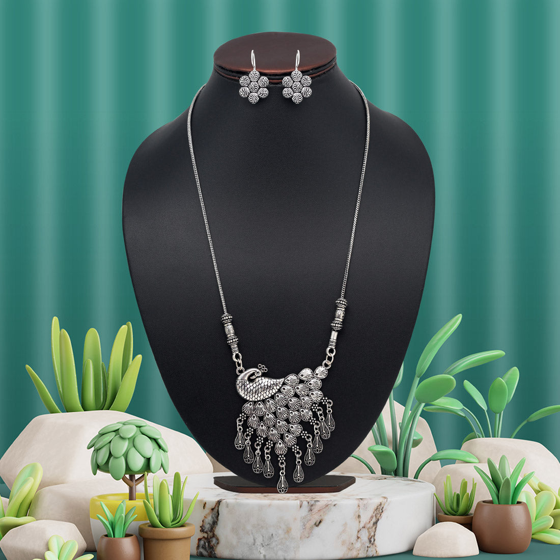 Silver Color Peacock Inspired Oxidised Necklace Set (GSN2035SLV) Jewellery GetGlit   