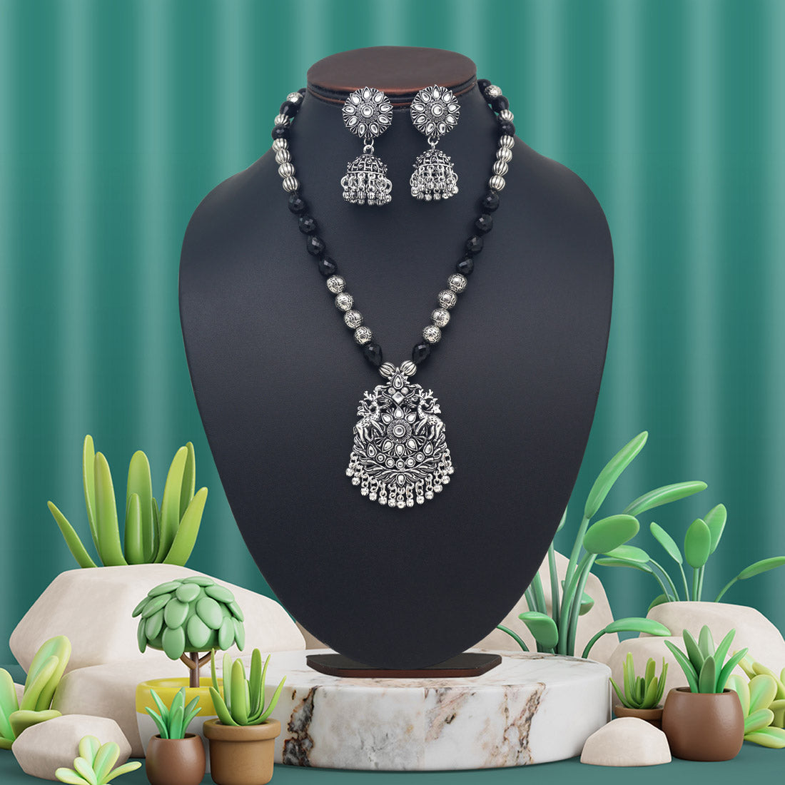 Silver Color Oxidised Necklace Set (GSN2040SLV)