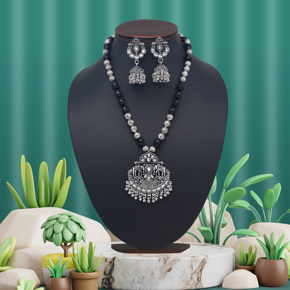 Silver Color Oxidised Necklace Set (GSN2041SLV) Jewellery GetGlit