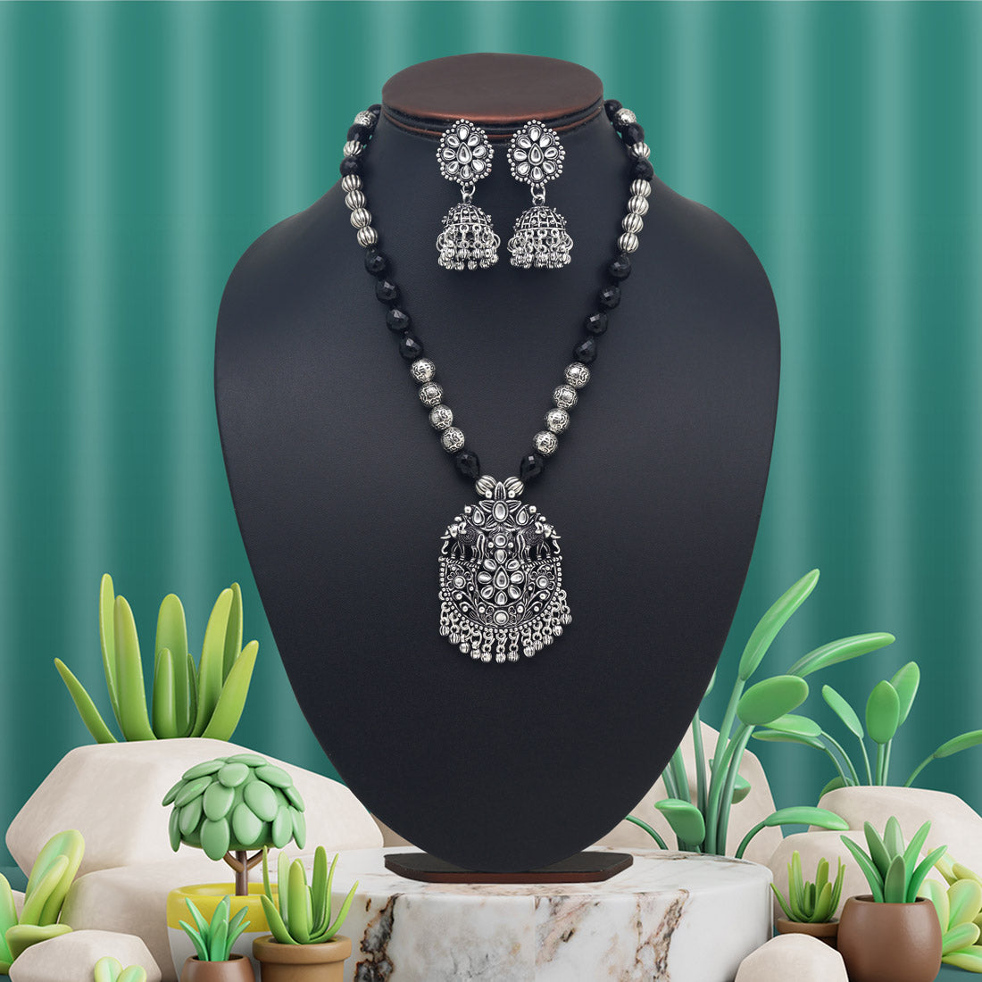 Silver Color Oxidised Necklace Set (GSN2043SLV) Jewellery GetGlit