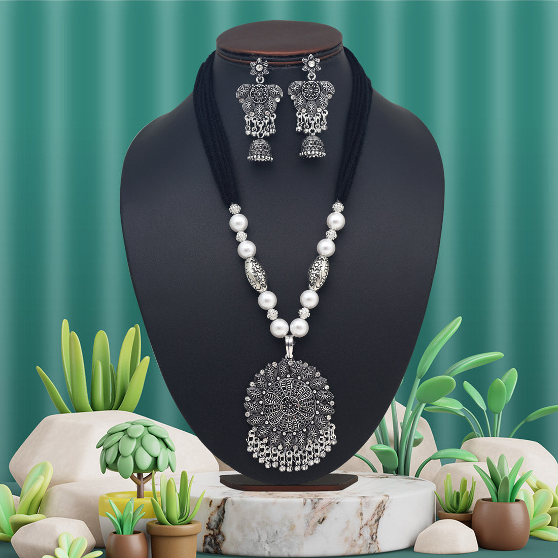 Silver Color Oxidised Necklace Set (GSN2047SLV) Jewellery GetGlit