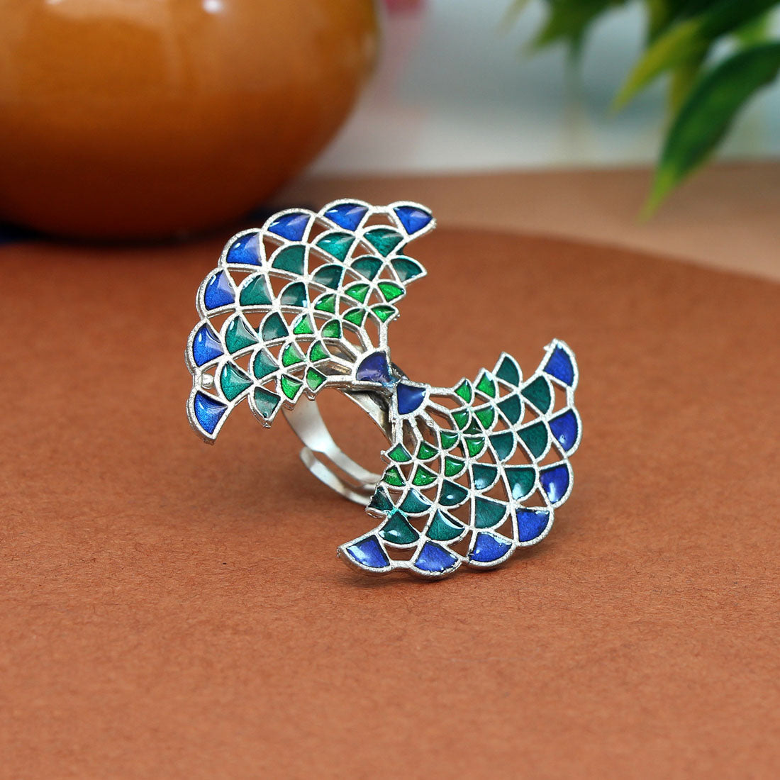 Blue & Green Color Meenakari Work Oxidised Ring (GSR488BLUGRN)  GetGlit   