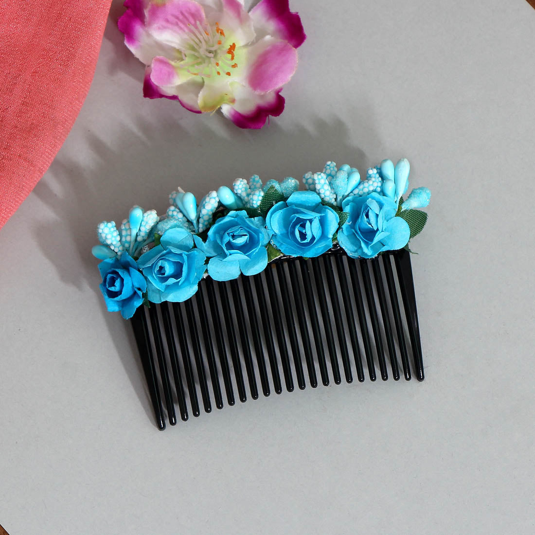 Firozi Color Floral Hair Comb Pin (HRP174FRZ) Jewellery GetGlit