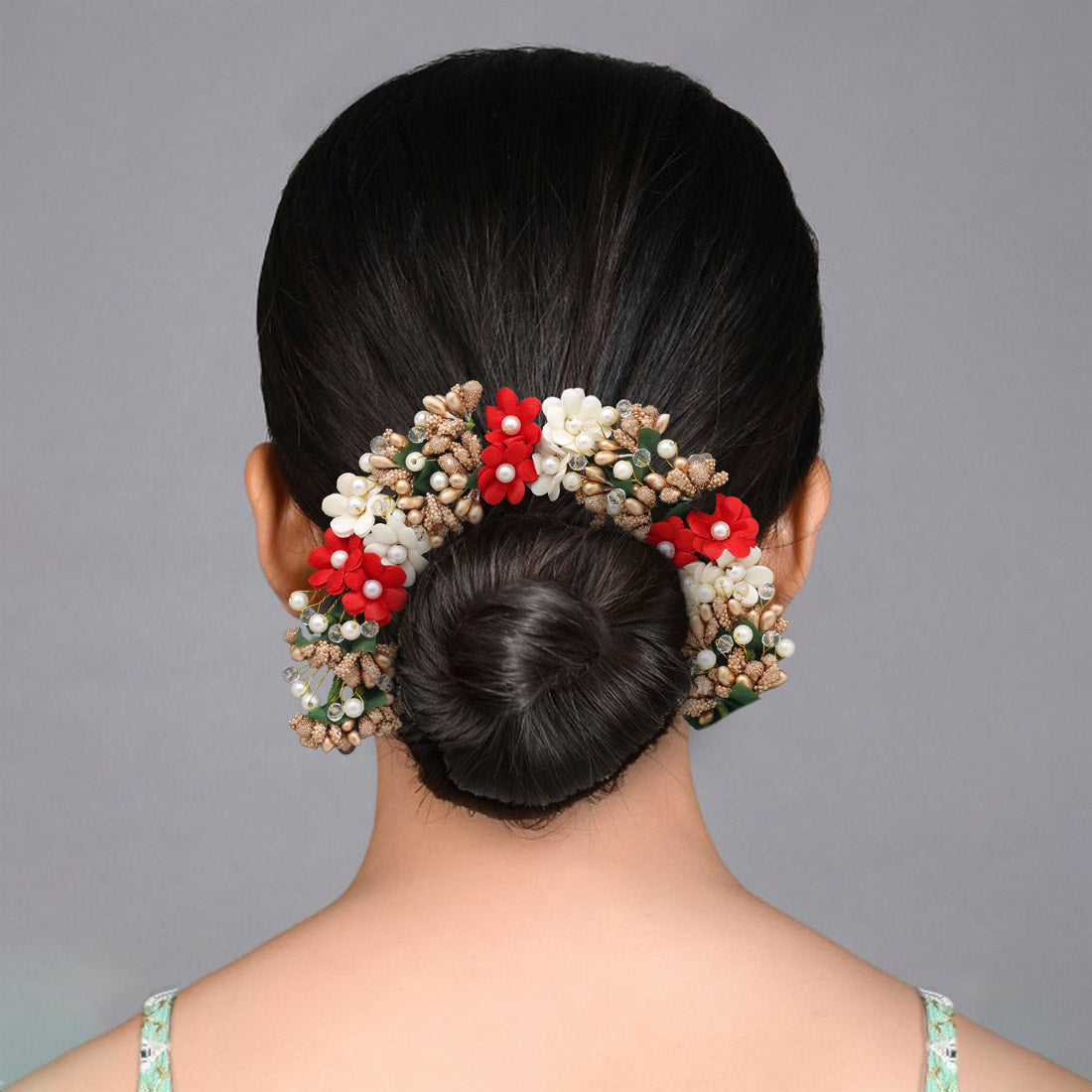 Red & White Color Flower Gajra For Women Hair Pin (HRP226REDWHT) Jewellery GetGlit